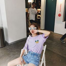 韩国2016夏装甜美可爱菠萝刺绣圆领T恤小宽松休闲竹节棉纯色短袖T