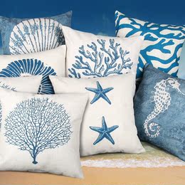 地中海洋风抱枕蓝色贝壳海马珊瑚棉麻靠垫套软装热带沙发垫