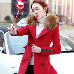 秋冬装韩版女士学生羊绒大衣中长款红色毛呢子外套修身加厚大毛领