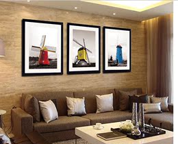 现代三联有框画客厅沙发背景墙装饰画卧室玄关挂壁画黑白荷兰风车