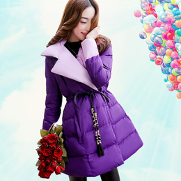 韩国斗篷紫色棉衣女冬装中长款修身大翻领加厚腰带撞色A字型棉服