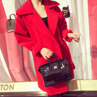 2015韩国最新宽松时尚气质暗扣大红色毛呢外套中长款呢大衣女秋冬