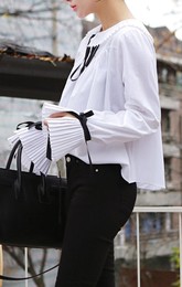 韩国春季新款衬衫女复古宫廷娃娃领白色褶皱系带蝴蝶结喇叭袖衬衣