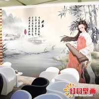 中式3D怀旧唯美古代美女古筝大型壁画客厅餐厅酒楼休闲吧墙纸壁纸