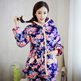 韩版秋冬季女士贝贝绒夹棉睡衣套装加厚法兰绒棉