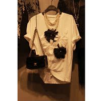 韩国代购2015夏季新款T恤女短袖立体花朵装饰休闲上衣舒适百搭潮