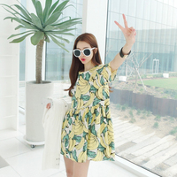 2016夏装韩国新款 时尚鬼马香蕉印花系带蝴蝶结宽松短袖连衣裙