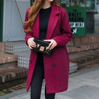 2015冬装新款韩版茧形毛呢大衣西装领酒红色毛呢外套女中长款修身