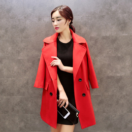 新款韩版2015大红回门装结婚毛呢子外套中长款修身显瘦大衣女上衣