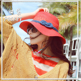 度假草帽 女 韩版潮春夏天沙滩防晒折叠大沿遮阳帽 红色太阳帽子