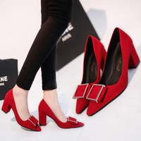 红色方扣单鞋蝴蝶结粗跟绒面小皮鞋7.5cm黑色职业工作鞋气质瓢鞋