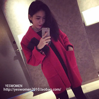 韩国2015冬中长款呢子大衣女学生韩范显瘦大红色宽松茧型毛呢外套