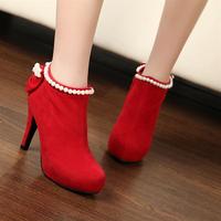 秋冬季韩版百搭性感超高跟女靴红色婚鞋蝴蝶结串珠短靴女靴马丁靴