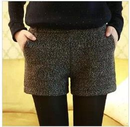 新款黑色休闲裤裤子宽松毛呢格子短裤女靴裤短裤2015秋冬女装