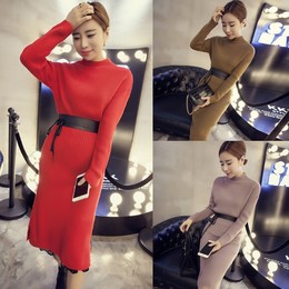 冬季韩版新款修身中长款包臀针织打底裙腰带显瘦长袖毛衣连衣裙女