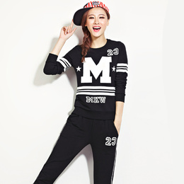 秋季韩版新款大字母数字印花黑白休闲运动服套装女跑步卫衣两件套