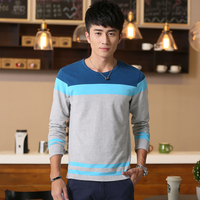 秋冬季新款韩版男士长袖拼色圆领t恤条纹修身男装打底衫