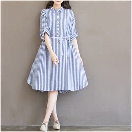 天天特价2015新款秋装安妮森林流淌的小溪蓝色条纹长袖衬衫连衣裙