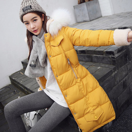 2016韩版新款工装棉服大毛领连帽修身中长款羽绒服羊羔毛棉衣女