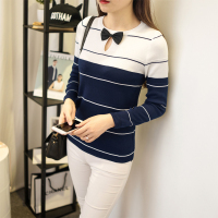 韩版2016秋装少女条纹蝴蝶结圆领套头长袖打底衫中学生套头针织衫