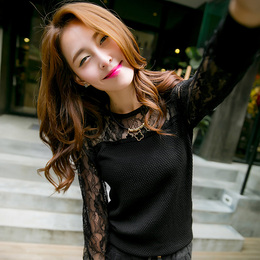 2016年春装新款韩版黑色蕾丝针织衫女套头圆领修身毛衣打底毛衣潮