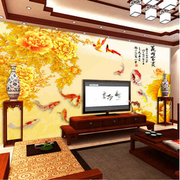 现代中式客厅3D立体电视背景无缝墙纸壁纸花开富贵大型壁画定制