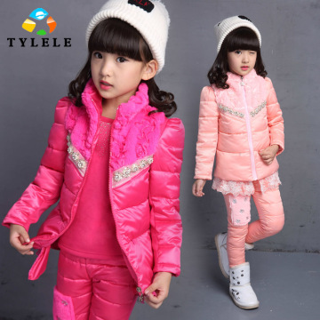 2015冬款新款 女童韩版长袖套装   蕾丝烫钻甜美三件套