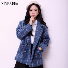 2015冬装新款韩版女装毛呢外套中长款西装领双排扣格子加厚保暖