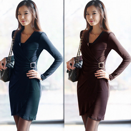 新款新品女装裙子韩版V领长袖包臀连衣裙修身气质连衣裙