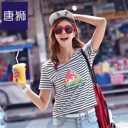 唐狮2015夏装新款T恤女条纹印花休闲圆领短袖t恤韩版修身学生夏季