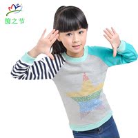 YZJ特价2015新款秋装儿童拼接T恤女童条纹插肩长袖上衣中大童