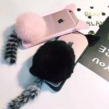 新款毛绒iphone6s手机壳苹果6plus猫耳毛球保护套5.5狐狸尾巴可爱