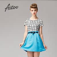 Aitoo艾凸 高端 2015夏季新款 格子印花显瘦收腰短袖拼接连衣裙
