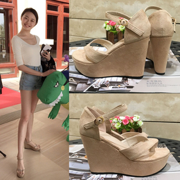 2016夏季韩版女鞋防水台高跟罗马凉鞋厚底松糕真皮坡跟夹趾凉鞋女