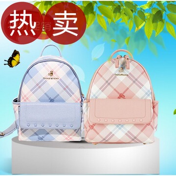 新款小熊维尼双肩包韩国专柜代购格子背包书包女包包 TTAK526A5K