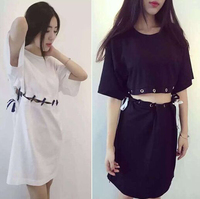 2016夏季韩版新款时尚短袖圆领T恤+半身裙两件套装学生绑带连衣裙