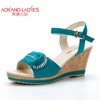 奥康女鞋2015年夏季新款日系精美装饰坡跟露趾高跟正品真皮女凉鞋