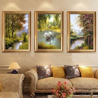 天鹅湖油画手绘欧式风景客厅三联画美式定制组合挂画现代装饰壁画