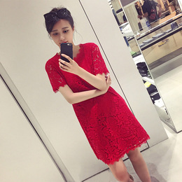 韩国代购2015夏季新款时尚气质修身显瘦红色镂空蕾丝短袖连衣裙女