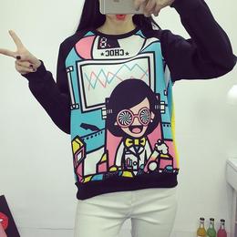 2016韩版秋季新款百搭宽松显瘦卡通动漫女孩上衣拼接袖长袖打底衫
