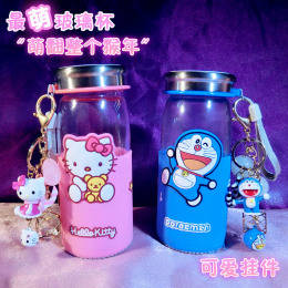 便携创意韩国可爱学生儿童带盖玻璃杯哆啦A梦hello kitty小水杯子