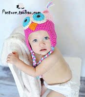 韩国出口宝宝毛线护耳帽拼色猫头鹰手工帽男女婴儿保暖帽子创意