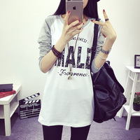 2015新款胖妹妹韩版大码女上衣中长款宽松显瘦字母长袖T恤打底衫