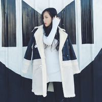 2015冬款韩版中长款羊羔毛外套女加厚拼接pu皮保暖棉服大衣潮