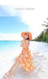 【candy蜜】2015波西米亚沙滩 橘色蓝色高雅碎花气质吊带长裙
