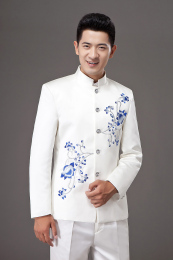 男士白色青花瓷中国风民族服装立领刺绣舞台演出中山装主持合唱男