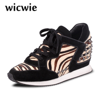 WICWIE2015秋季新款欧美斑马纹隐形内增高女鞋真皮铆钉运动休闲鞋