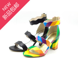 夏雪儿2015夏季新款女鞋高跟粗跟拼色彩虹一字扣带欧美女罗马凉鞋