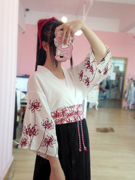 日系软妹刺绣彼岸花黑色蔷薇和风浴衣半裙套装改良和服