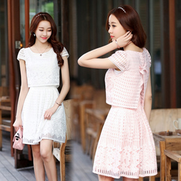 2015夏季韩版名媛雪纺蕾丝连衣裙女显瘦假两件套印花A字裙小香风